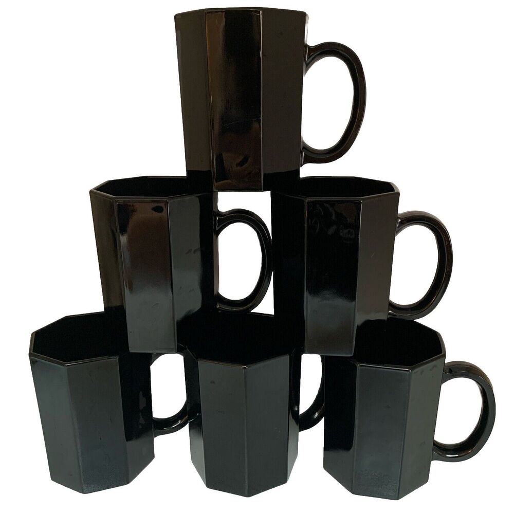 6 MCM Vintage Mug Set by Arcoroc France Octime Black Glass Octagonal